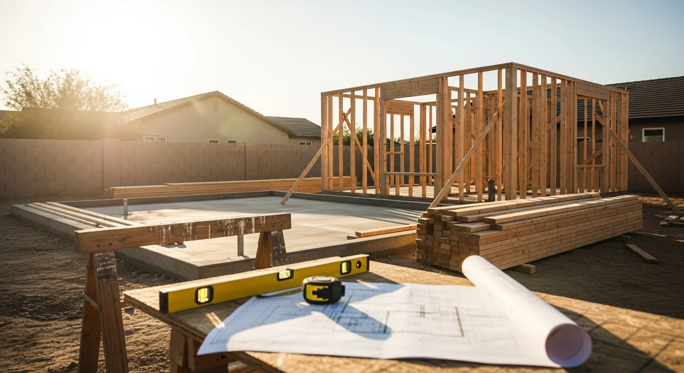 A newly built detached ADU with a private entrance situated in the backyard of a single-family home in Perris, California. The unit features a clean exterior finish, a separate walkway, and landscaping that matches the primary residence.