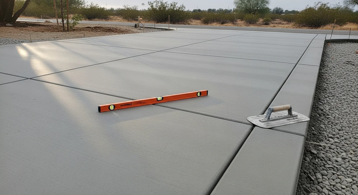 Freshly finished concrete driveway at a residential property in Perris, California, showing a smooth broom-textured surface with clean formed edges and evenly spaced control joints. The slab runs from the street to a two-car garage in a single-family neighborhood typical of the Perris Valley.