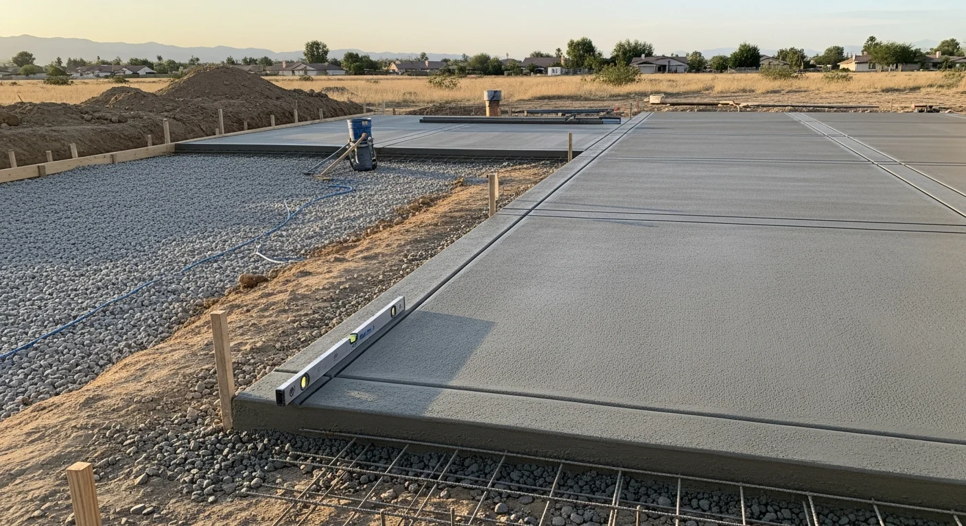 Freshly poured and broom-finished concrete driveway at a single-family home in Perris, California, with visible control joints and a clean transition to the garage apron. The surrounding yard shows the dry, sun-exposed conditions typical of the Perris Valley.
