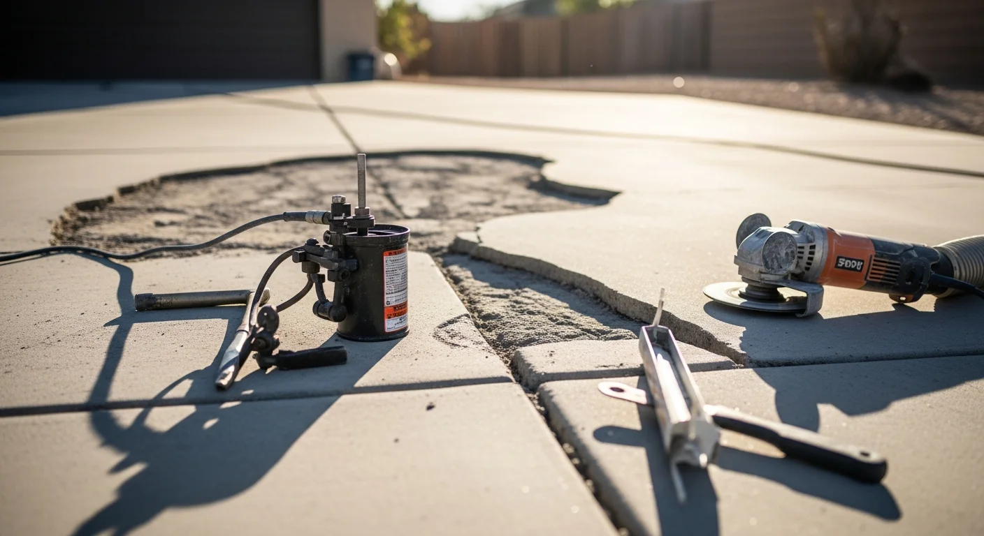 A repaired residential concrete driveway in Perris, California, showing a smooth, crack-free surface with clean control joints. The surrounding landscaping and single-family home reflect a typical Perris neighborhood setting.