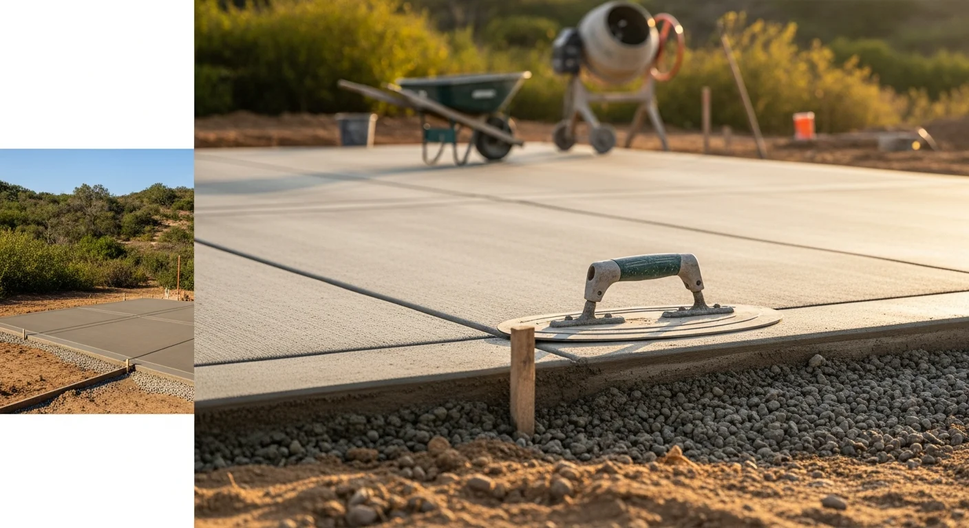 Freshly poured and broom-finished concrete driveway at a single-family home in Perris, California, with clean expansion joints and a smooth apron meeting the street curb. The slab runs from the garage to the sidewalk with no visible cracking or surface damage.