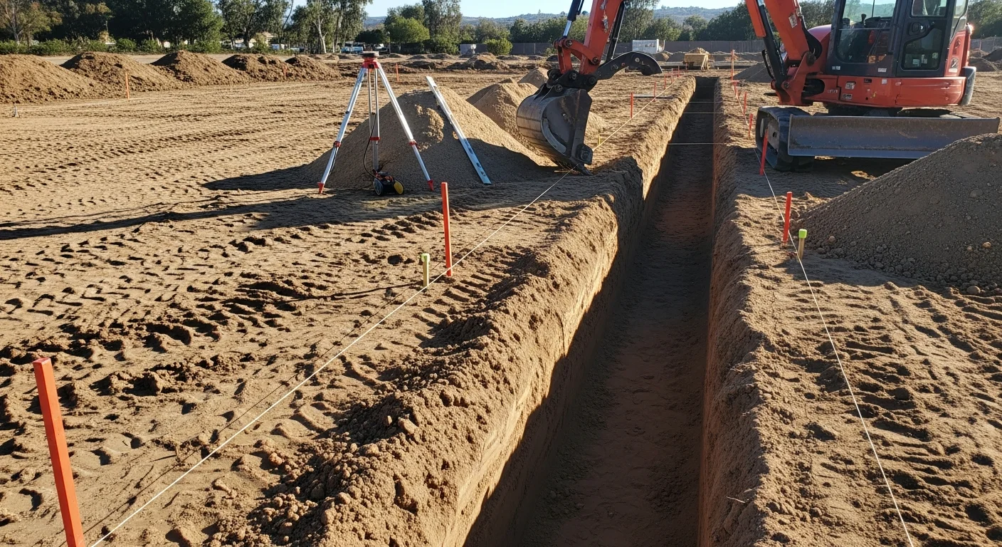 A tracked excavator digging a foundation trench on a residential lot in Perris, CA, with sandy native soil visible along the trench walls and a cleared building pad in the background.