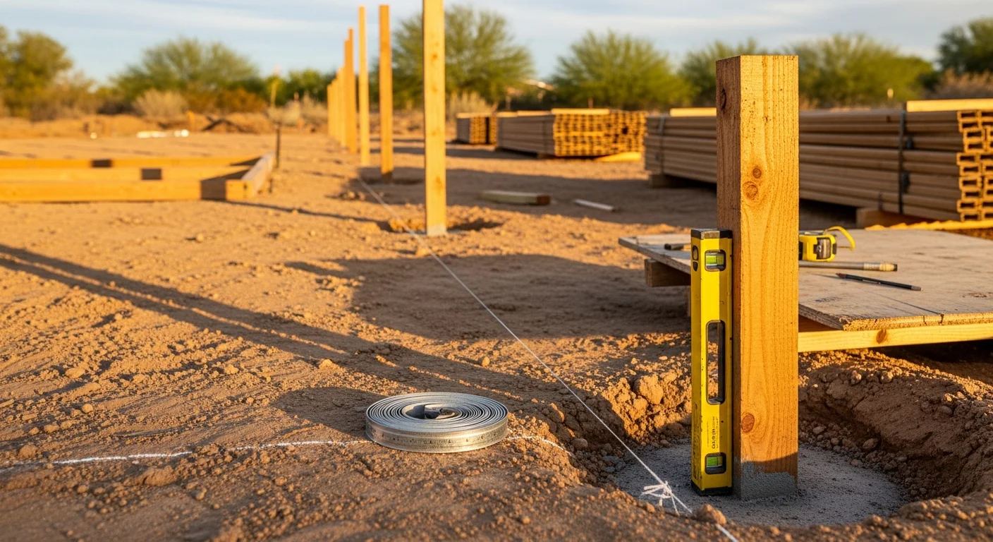 A newly installed six-foot privacy fence along the backyard perimeter of a single-family home in Perris, CA. Fence posts are set in concrete footings with uniform panel spacing visible against a clear Inland Empire sky.