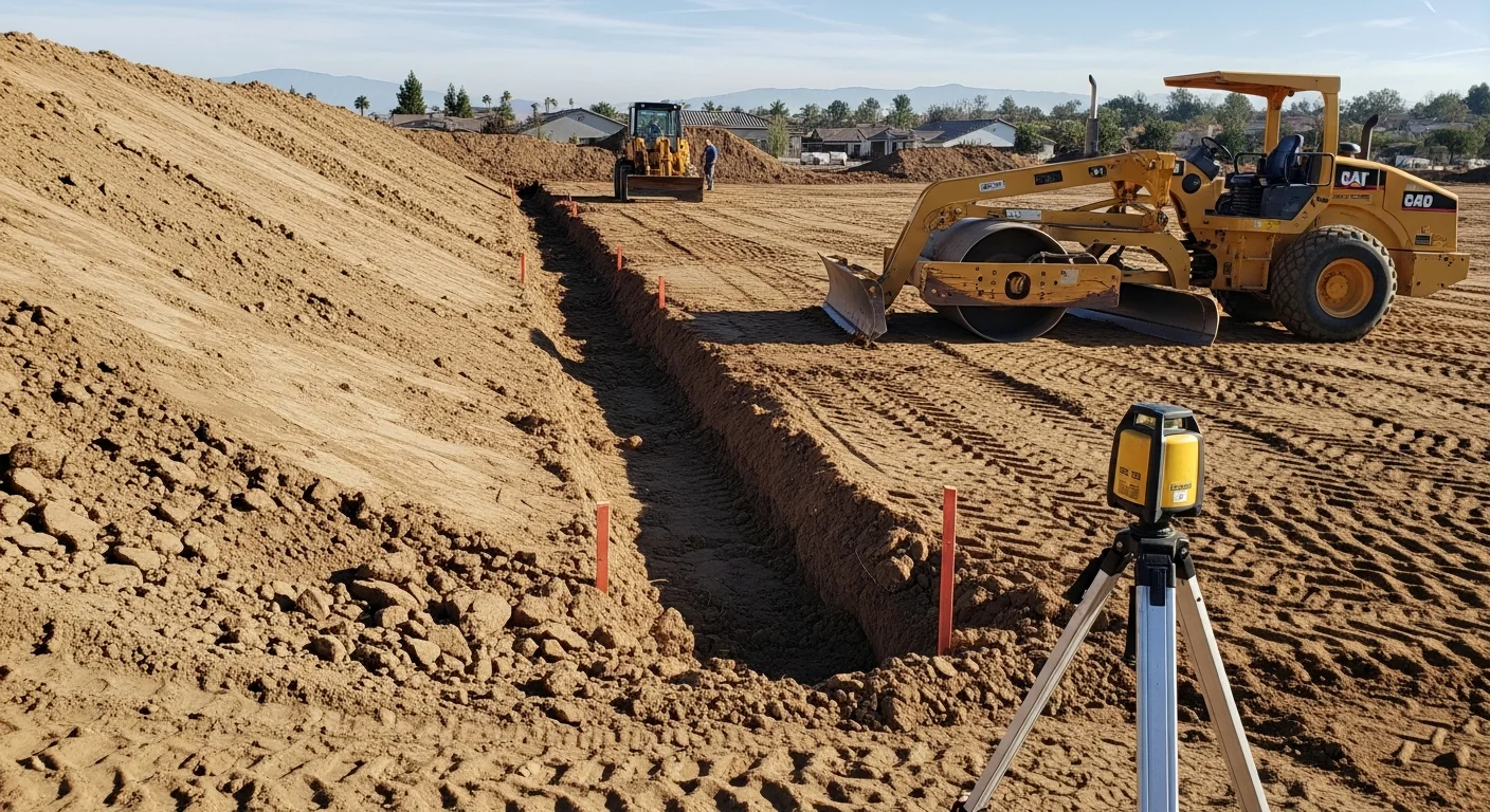 A graded residential building pad in Perris, California with compacted soil leveled and shaped for new construction. The surrounding lot shows clean cut-and-fill earthwork with proper slope away from the pad area.