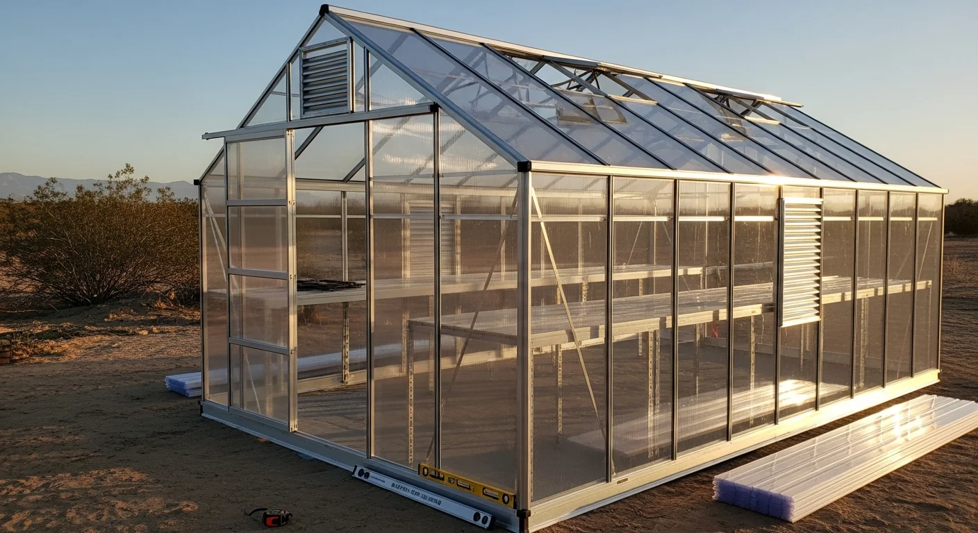 A newly constructed residential greenhouse in Perris, California, with a clear glazed roof and vented sidewalls set against a dry inland landscape. The structure sits on a concrete foundation in a backyard with full sun exposure.