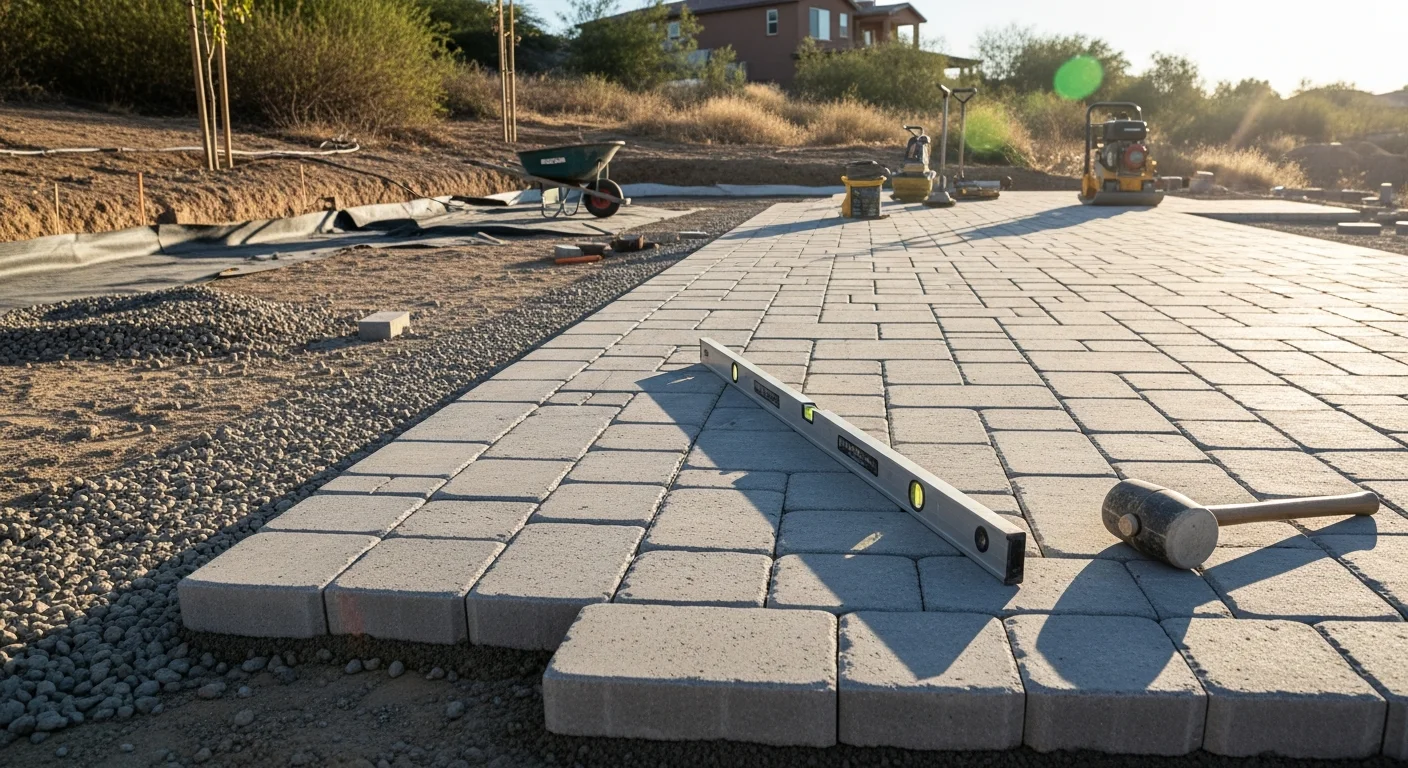 A finished backyard patio with paver walkway and low retaining wall installed by Total Build & Remodel LLC at a residential property in Perris, California. The hardscape features clean grading and defined edges suited to the dry Riverside County climate.