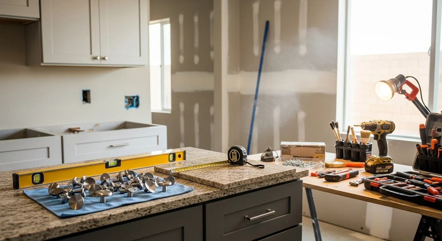 A remodeled kitchen interior inside a single-family home in Perris, CA, showing new cabinetry, updated countertops, and fresh flooring. The open layout connects the kitchen to the main living area.