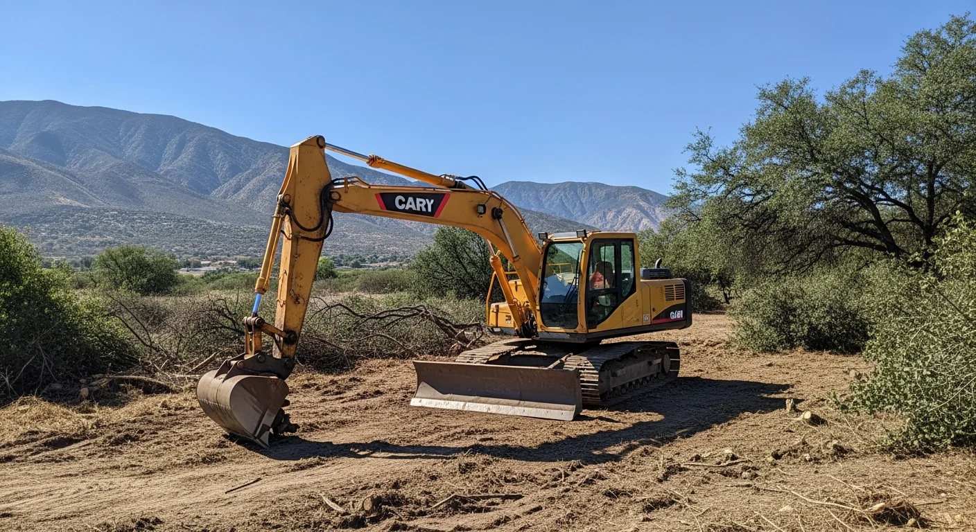 A freshly cleared residential lot in Perris, California with all brush, stumps, and debris removed and the sandy soil surface leveled and ready for construction. A tracked excavator sits at the edge of the cleared site against a clear Southern California sky.