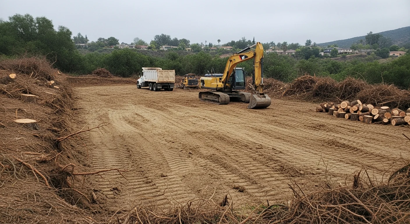A cleared residential lot in Perris, California showing bare, level ground after removal of brush, stumps, and native vegetation. Heavy equipment tracks are visible across the sandy soil surface, with the site ready for grading.