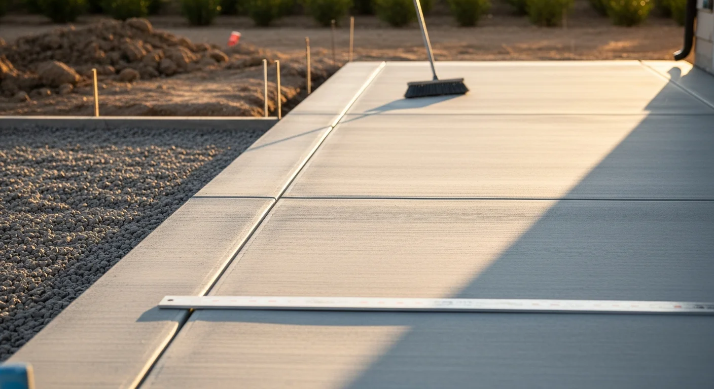 Freshly installed concrete patio in a Perris, California backyard with a broom-finish surface and clean control joint lines. The patio extends from the rear of a single-family home with a clear view of the open yard and mountain backdrop typical of the Inland Empire.