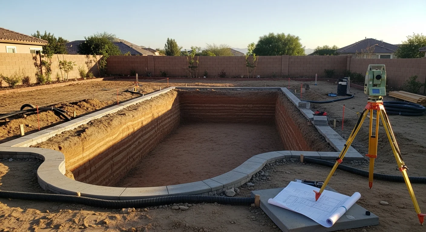 A newly constructed custom inground swimming pool in a Perris, CA backyard, showing a finished concrete pool shell with surrounding deck and graded landscaping under clear Southern California skies.