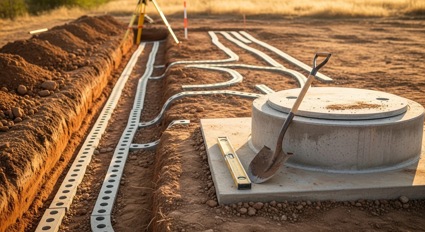 A newly installed residential septic system in Perris, California, showing a concrete tank set in an excavated trench with leach lines extending across a graded yard. The surrounding soil has been backfilled and leveled following installation on a rural Riverside County property.