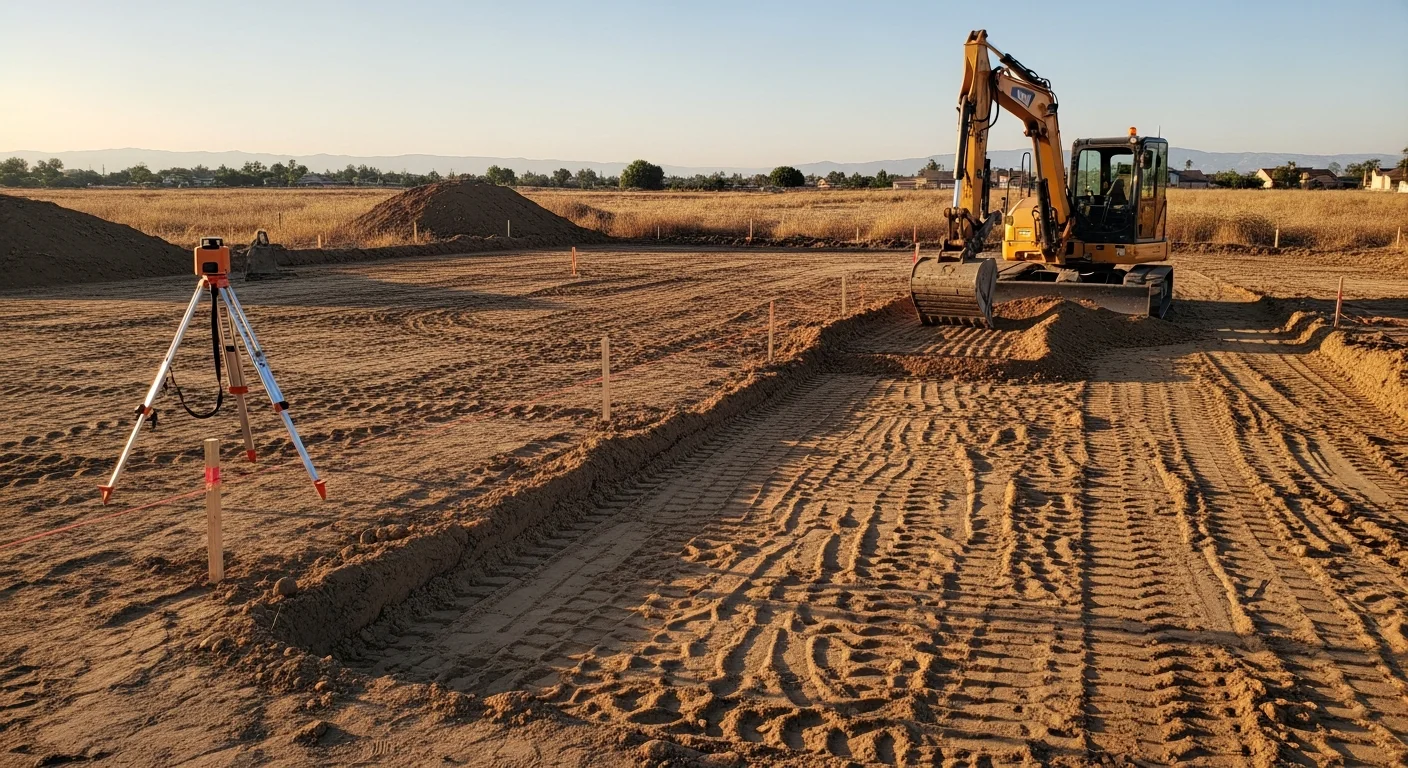 A graded and compacted dirt lot in Perris, California, cleared of vegetation and leveled for new residential construction. Earthmoving equipment sits at the edge of the prepared building pad against an inland Southern California sky.